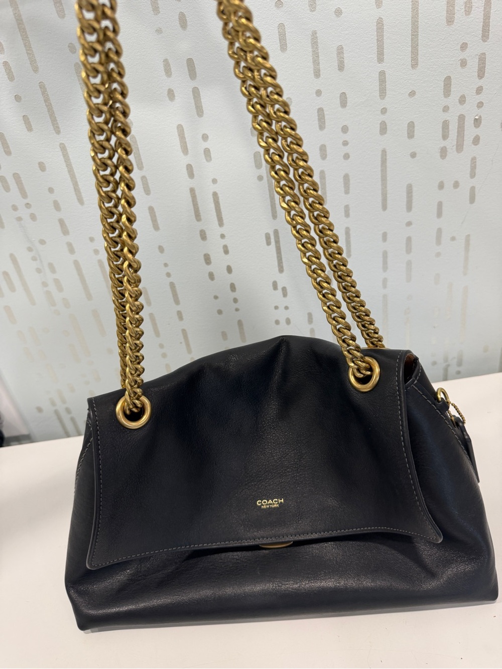 Coach Chelsea Chain 30 Black Leather Shoulder Bag with Gold Chain Straps